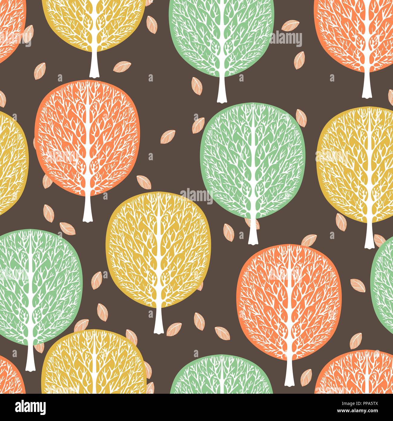 Abstrakte Bäume nahtlose Muster, Vector Illustration, stilisierten Wald, vintage Zeichnung. Reich verzierte Baumstämme mit Filialen und Grün, Gelb und Orange Stock Vektor