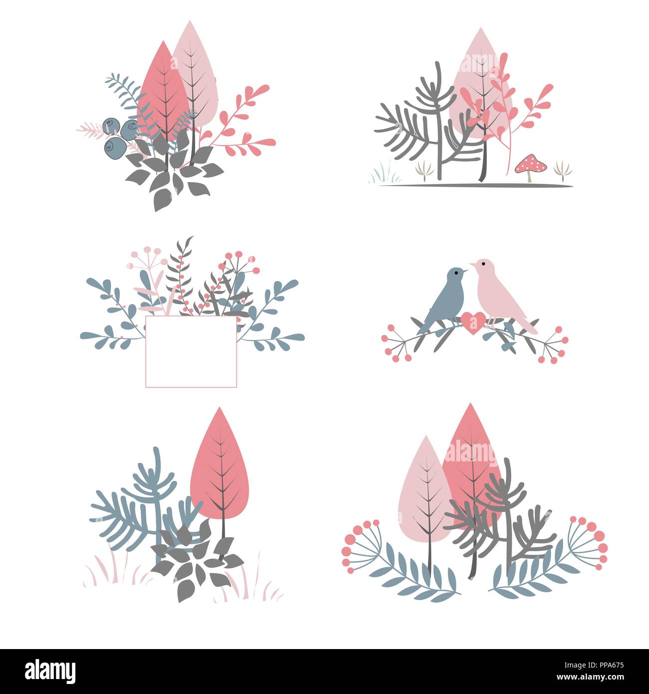 Herbst blumenstrauß Vektor. Doodle Wald Kompositionen mit Bäumen, Sträuchern, und Beeren. Doodle Illustration, Card design Pastell palette Stock Vektor