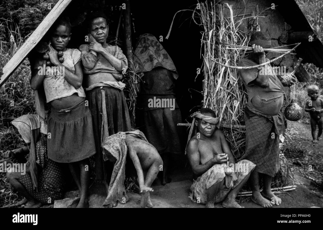 Pygmy Haus und Familie, verlegt für die Umsiedlung, Bundibugyo, Uganda, Afrika. Stockfoto