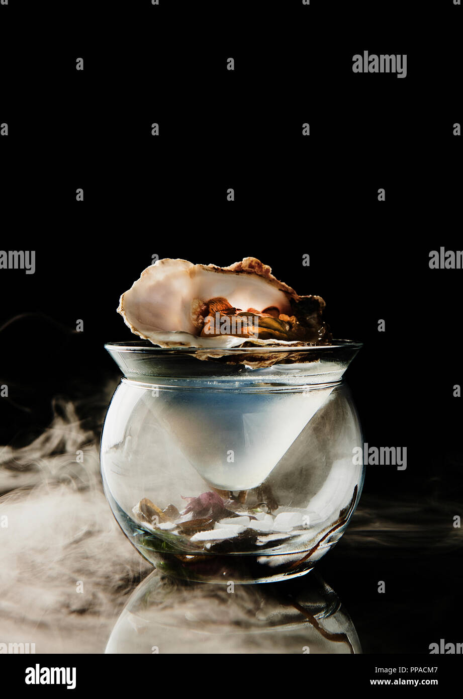Raffinierte, elegante Mixologen köstlicher verführerischer Cocktail auf dunklem Hintergrund mit Austern- und Trockeneisrauch Stockfoto