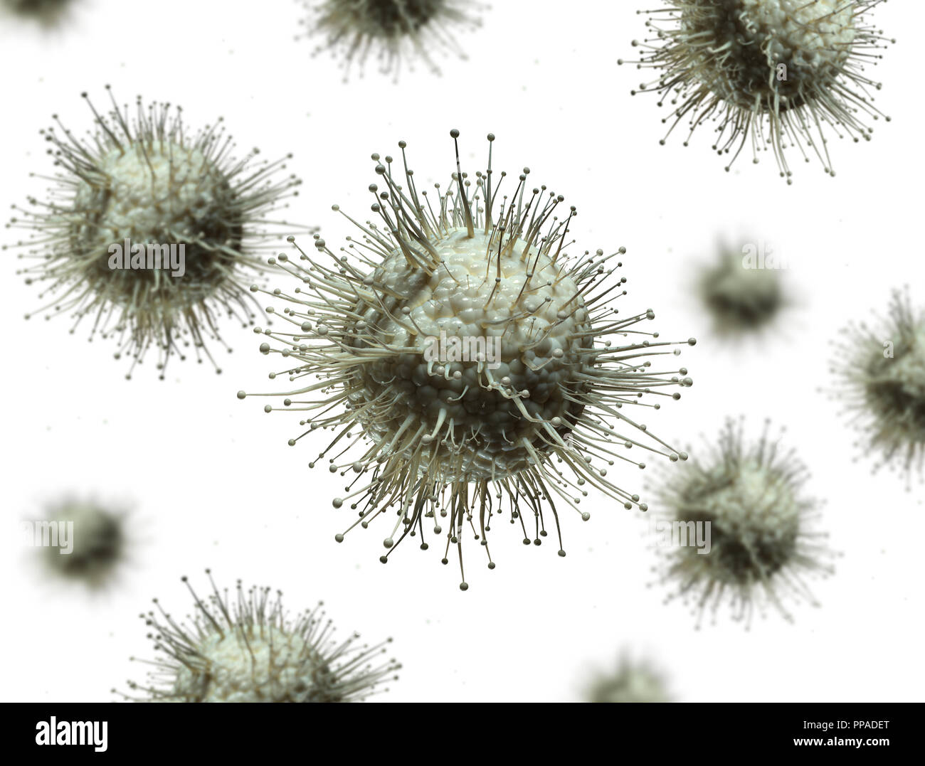 Kranke Zellen 3d-Abbildung mit Tiefenschärfe auf weißem Hintergrund Stockfoto