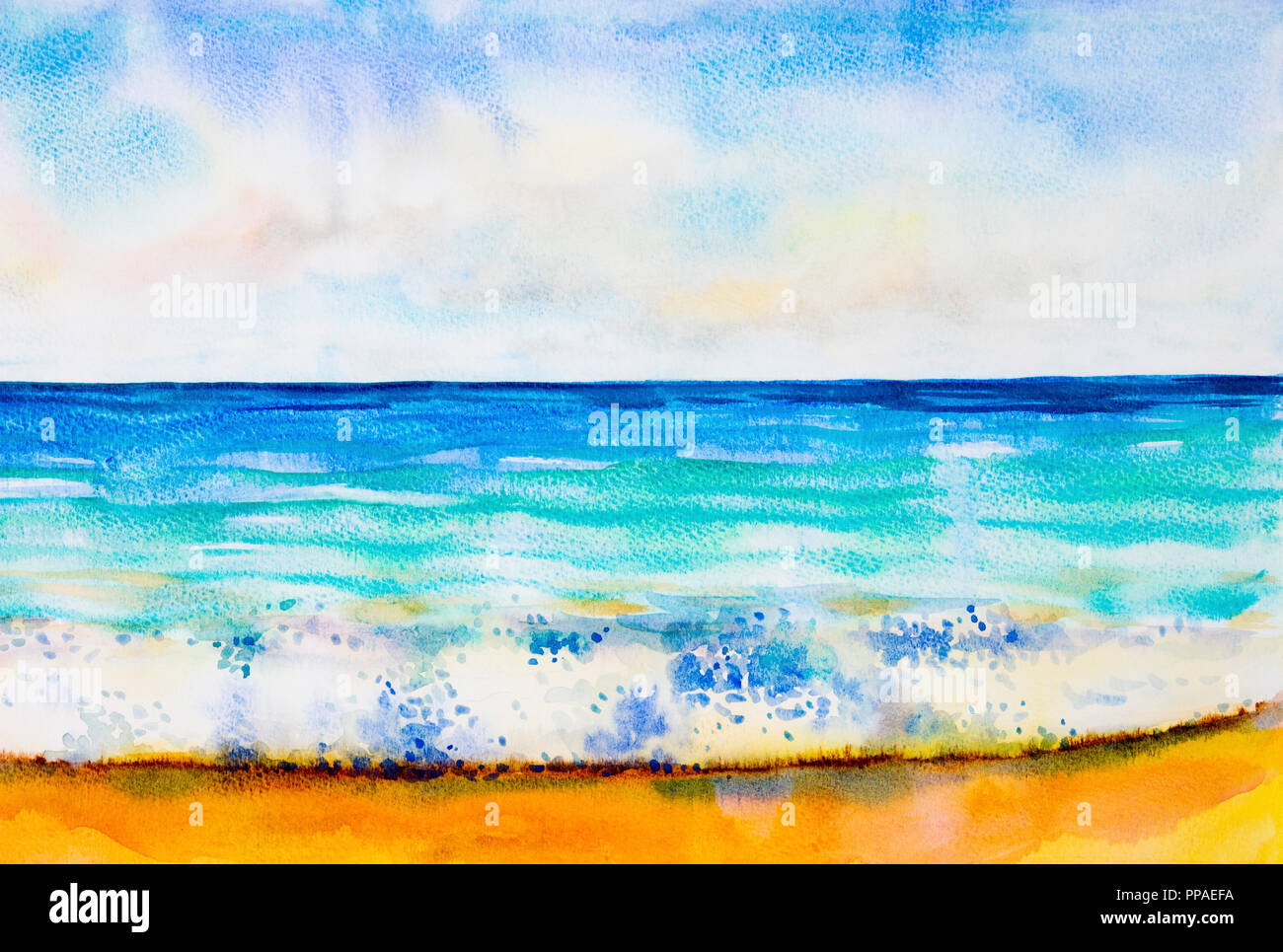 Aquarell Marine original bunte Meerblick, Strand, Wellen und Sky, Cloud Hintergrund Am Morgen hell, Natur Schönheit Saison. Malte ich Stockfoto