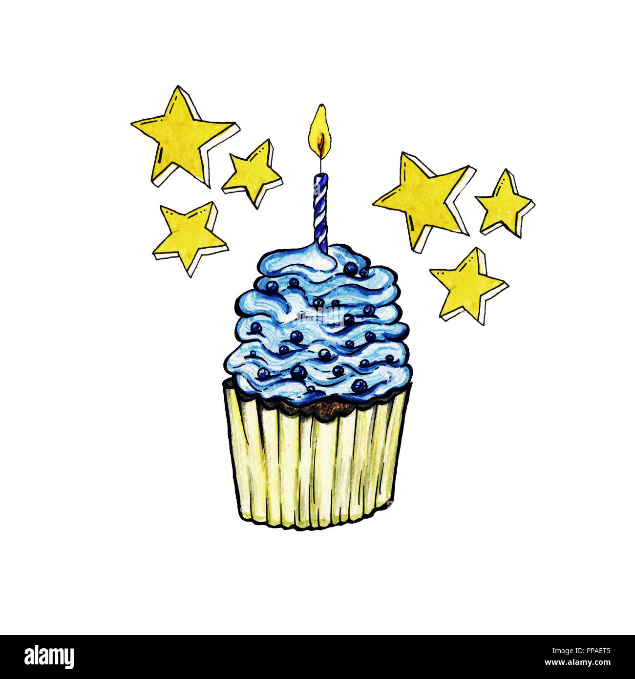 Cupcake mit Blau Creme, Kuchen mit einer Kerze, Gebäck mit Puderzucker und gelbe Sterne. Bäckerei isolierte Design. Happy Birthday Party Feier, Geschenke und Stockfoto