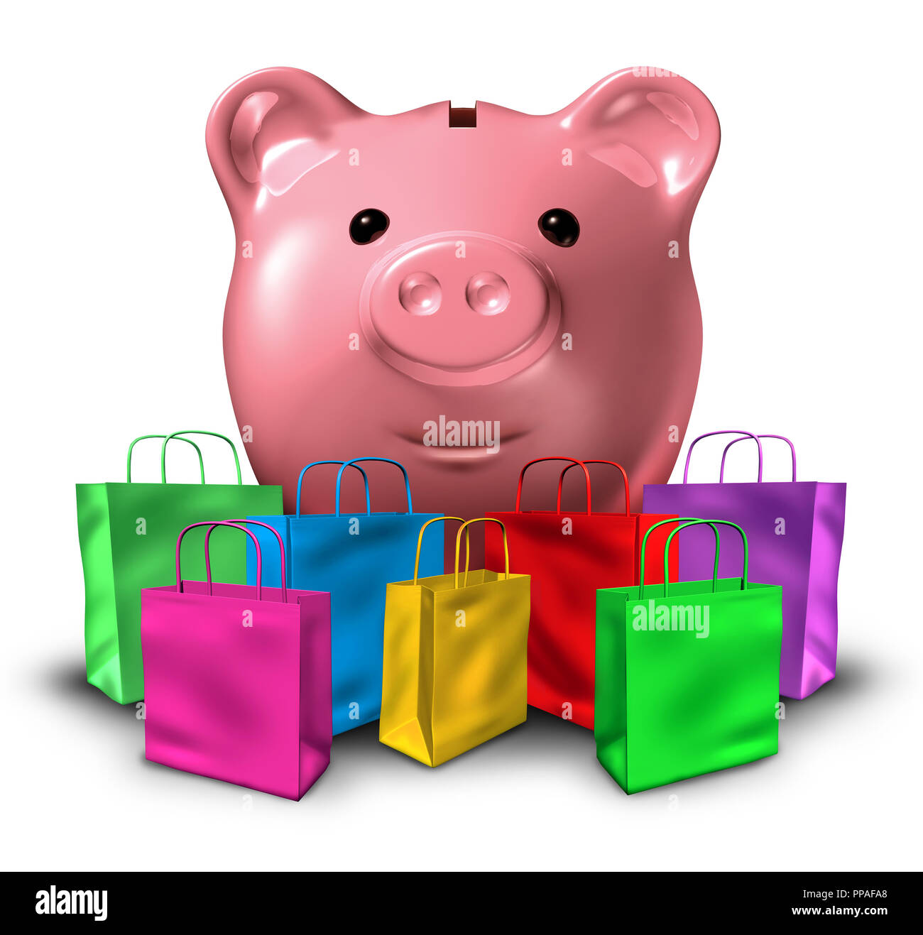 Verschuldung der Konsumenten einkaufen und Haushalt Konzept und Konsumismus mit Tüten und ein Sparschwein, Guthaben und Budgetierung. Stockfoto