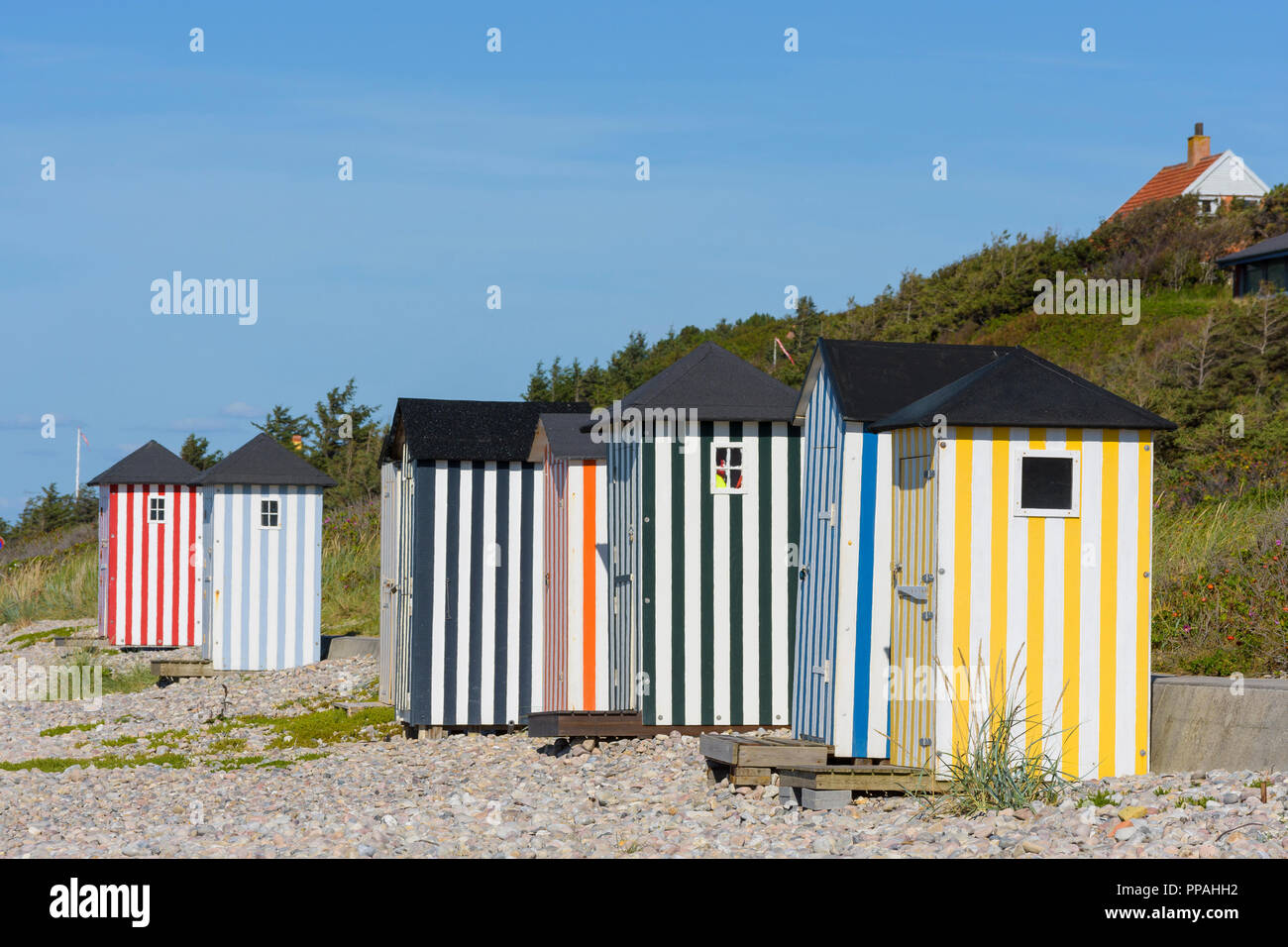 Bunte Beach Cabins, Vejby Strand, Vejby, Gribskov Kommune, Hovedstaden, Kattegat, Seeland, Dänemark Stockfoto