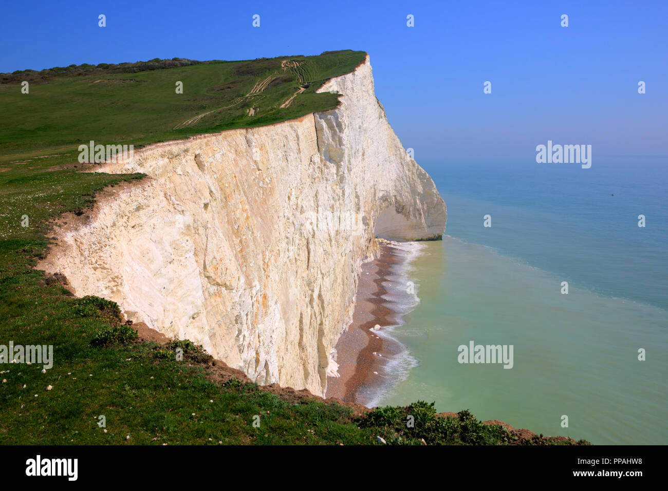 Schöne britische Südküste mit weißen Kreidefelsen Seaford East Sussex Südengland und das türkisfarbene Meer Stockfoto