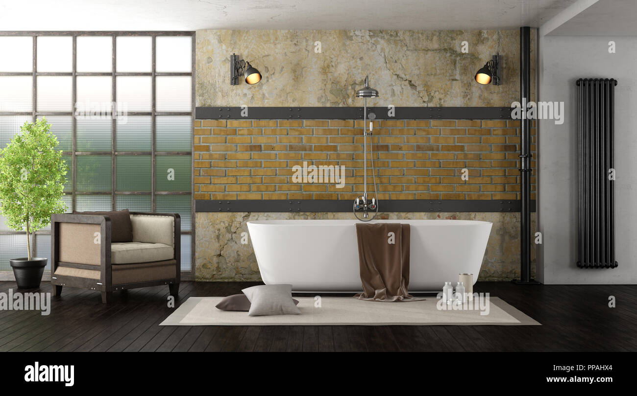 Vintage Bad mit moderner Dusche - 3D-Rendering Stockfoto