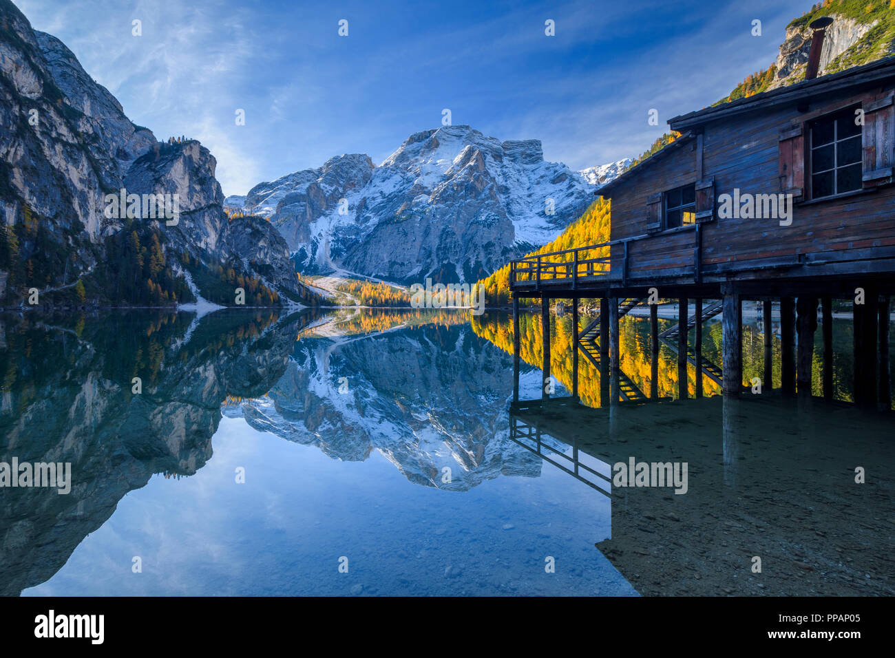 Boot Haus mit Croda del Becco, Seekofel, im See im Herbst reflektiert, Pragser See, Lago di Braies, Pragser Wildsee, Provinz Bozen, Bozen Provinz Stockfoto