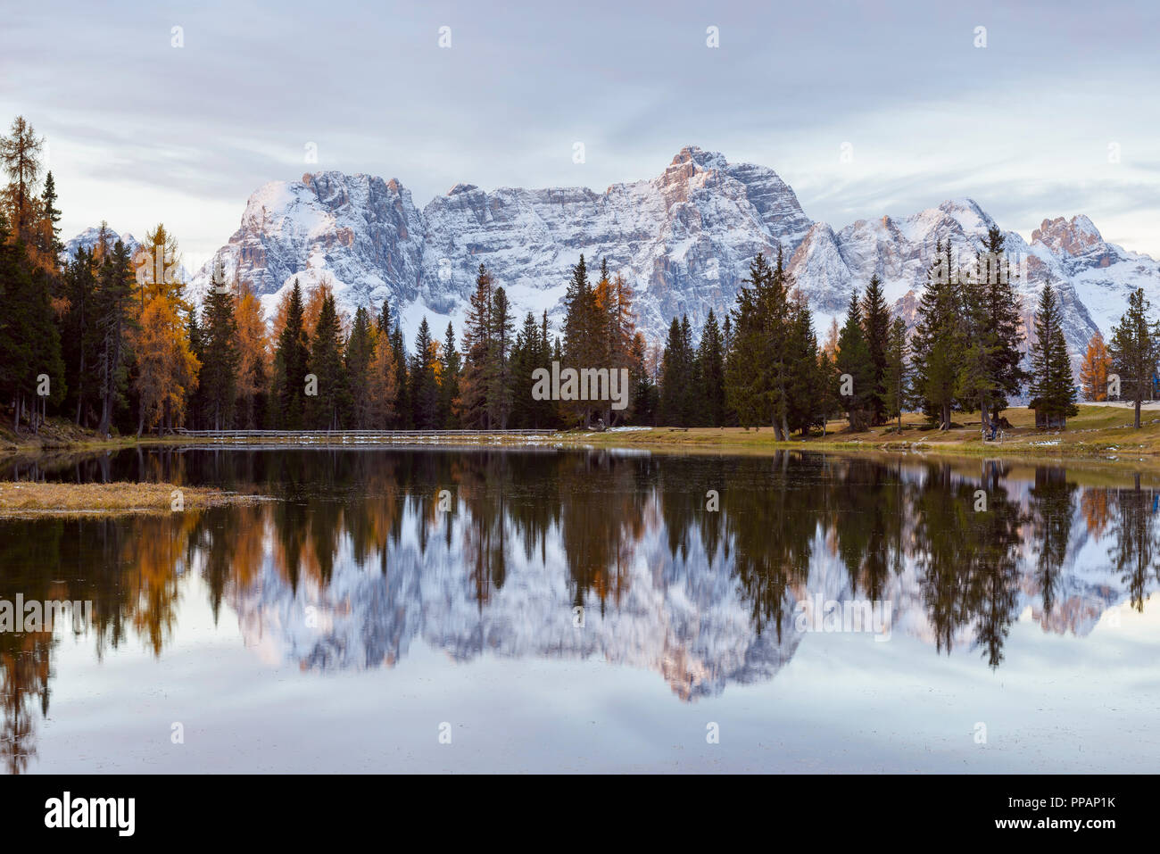 Antorno See mit Sorapis Berg Gruppe am Morgen in See, Cadore, Misurina, Belluno, Venetien, Dolomiten, Italien, Europa Stockfoto