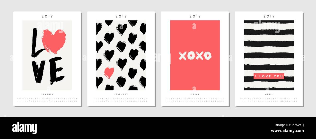 Vier bedruckbaren Format A4 2019 Kalender Vorlagen für Januar, Februar, März und April. Hand Herz, Streifen, Symbole und typografische Gestaltung in b Stock Vektor