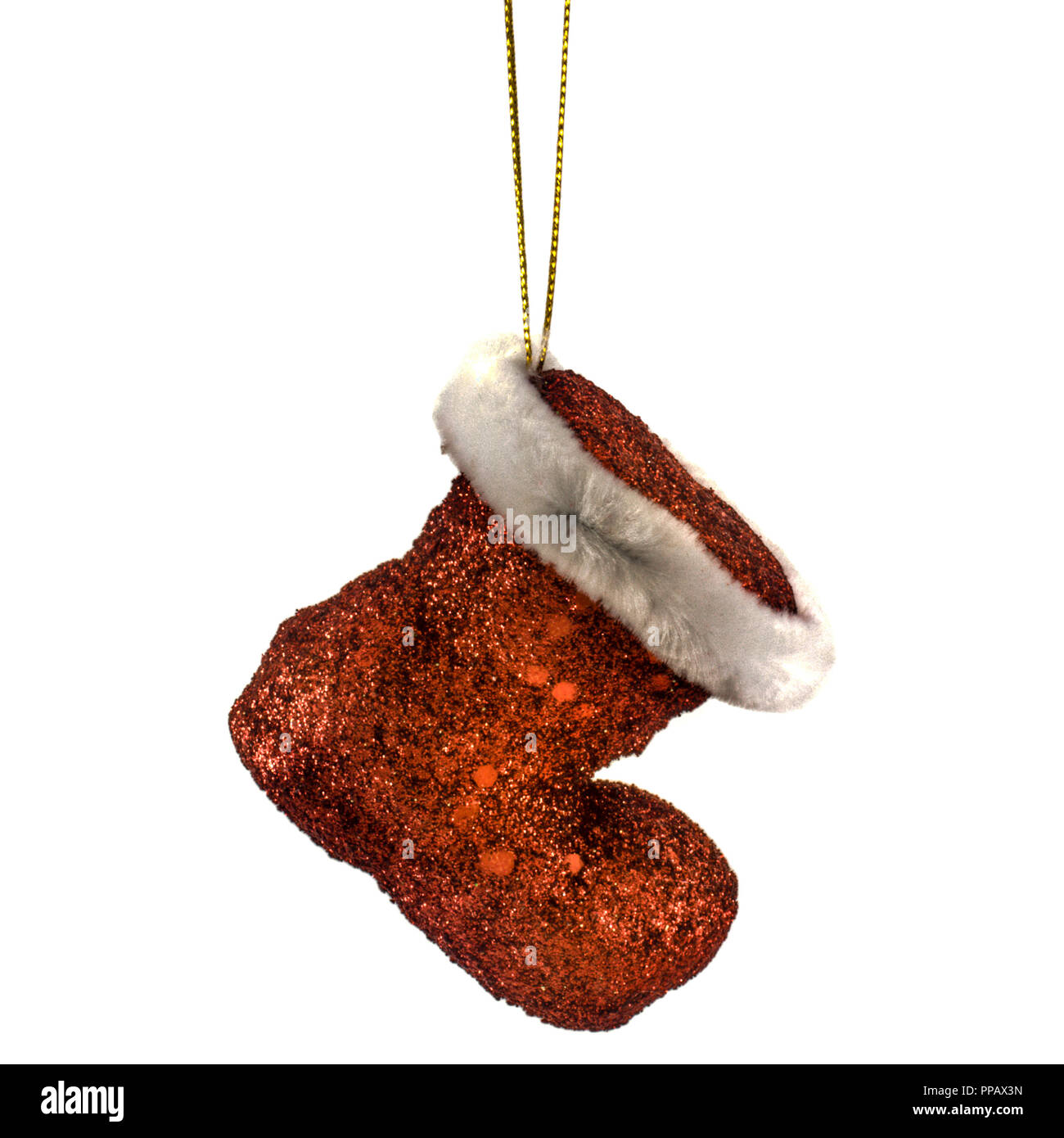 Rote Farbe Santa Claus stiefel Weihnachtsbaum Dekoration Schmuck auf weißem Hintergrund Stockfoto