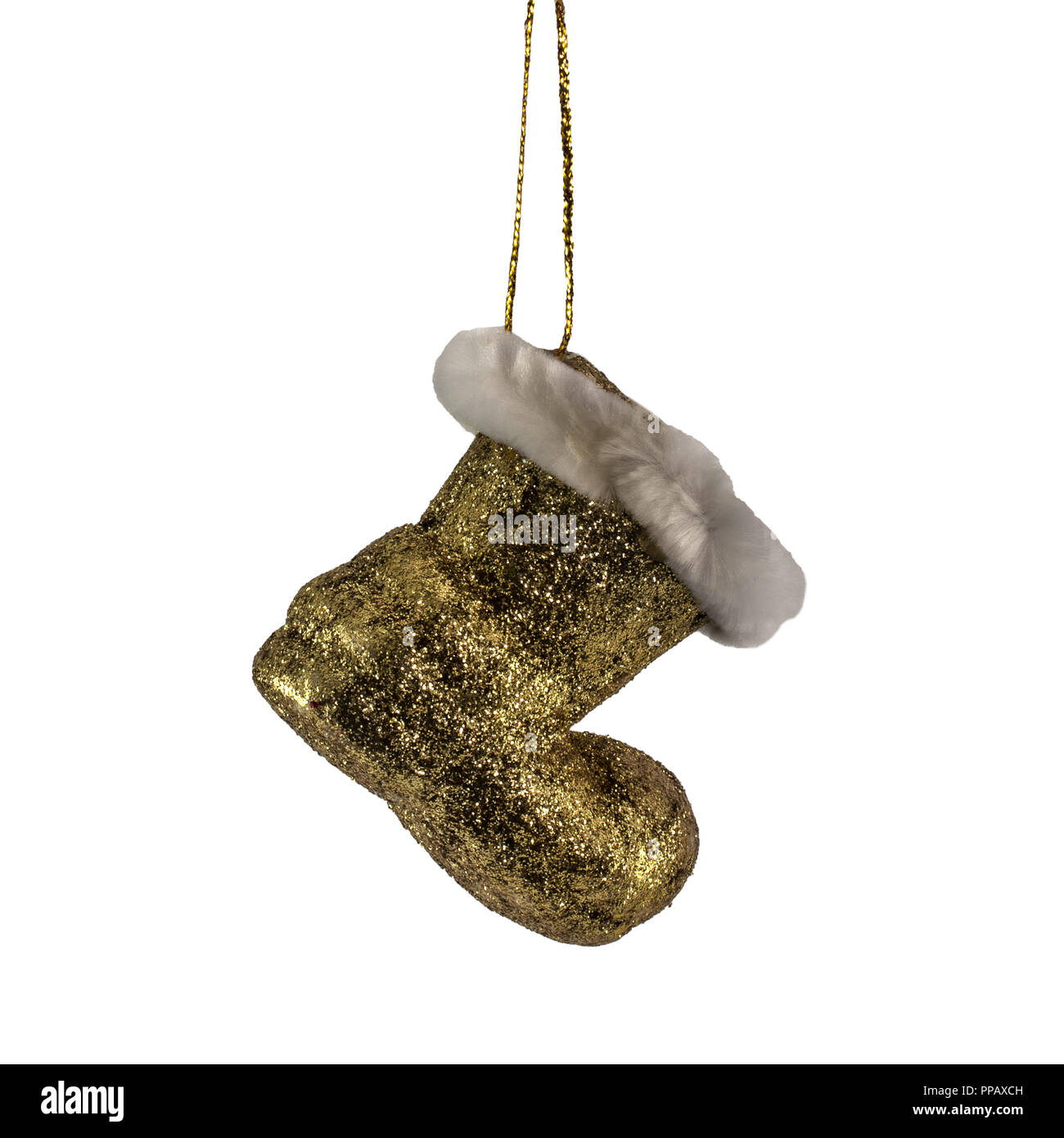 Gelbe Farbe Santa Claus stiefel Weihnachtsbaum Dekor Ornament auf weißem Hintergrund Stockfoto