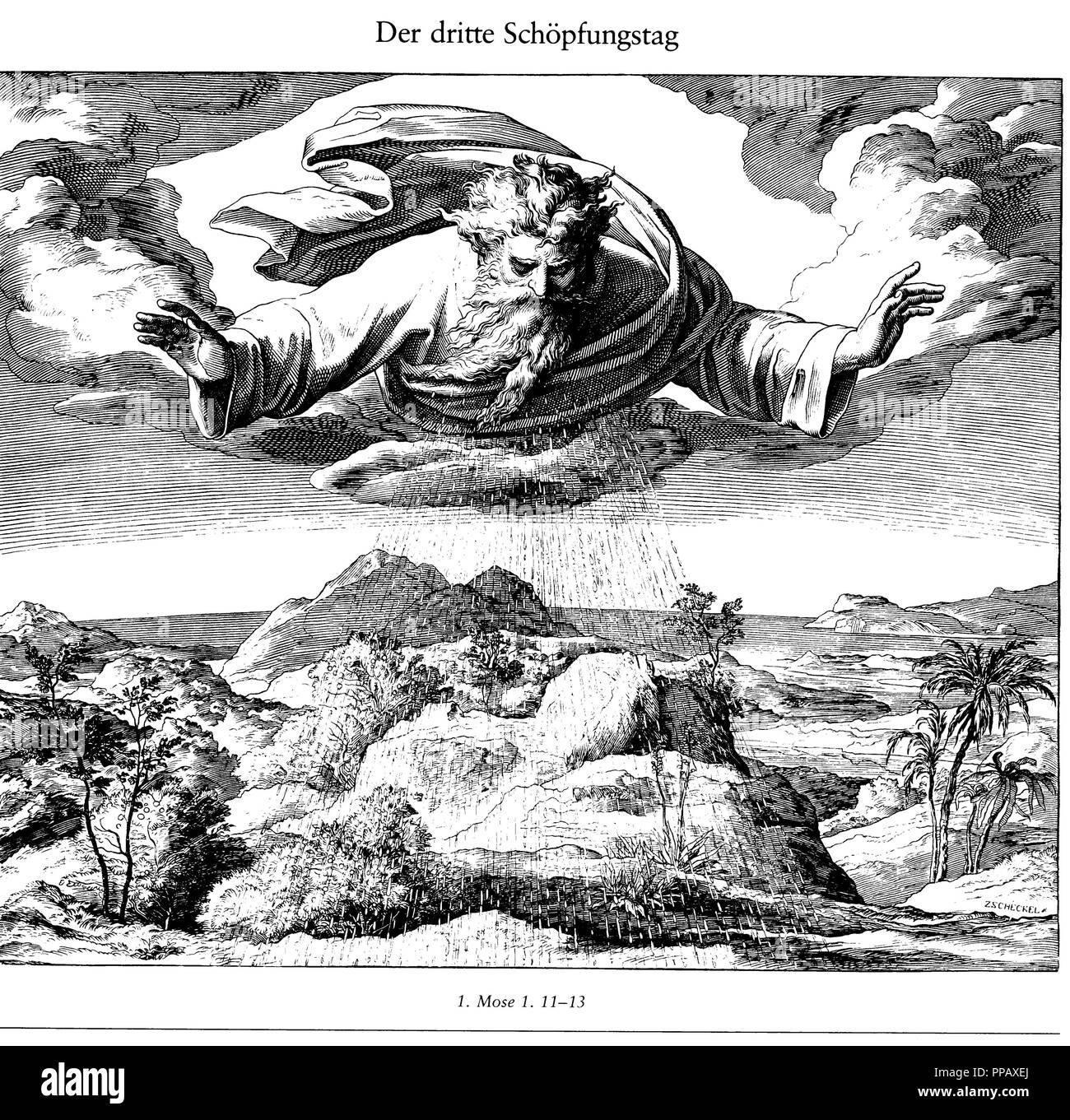 Der dritte Tag der Schöpfung (vom Die Bibel in Bildern). Museum: private Sammlung. Autor: Schnorr von Carolsfeld, Julius. Stockfoto