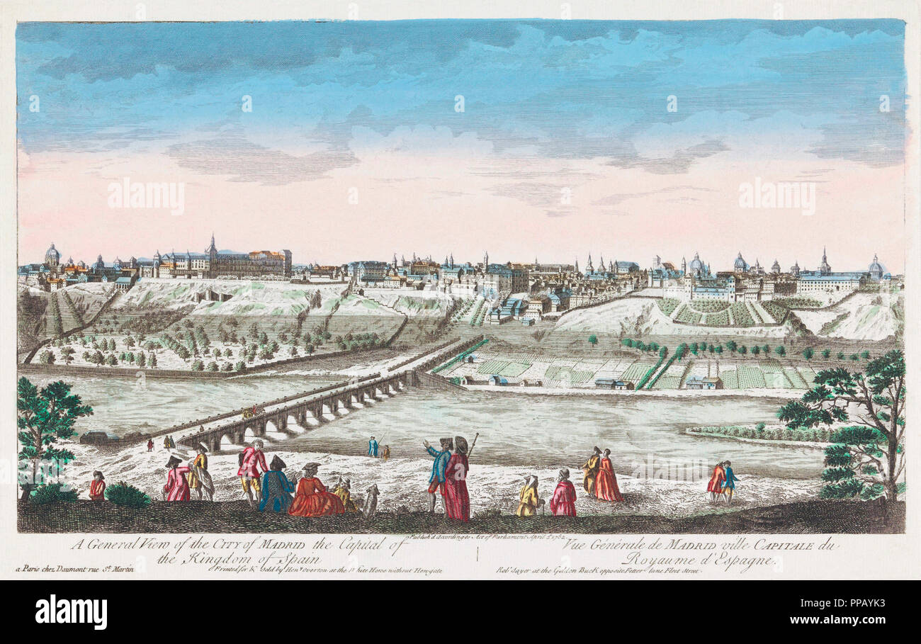 Eine allgemeine Ansicht der Stadt von Madrid, die Hauptstadt des Königreichs Spanien. Nach einem Stich im Jahre 1762 veröffentlicht. Von Hand gefärbt. Stockfoto