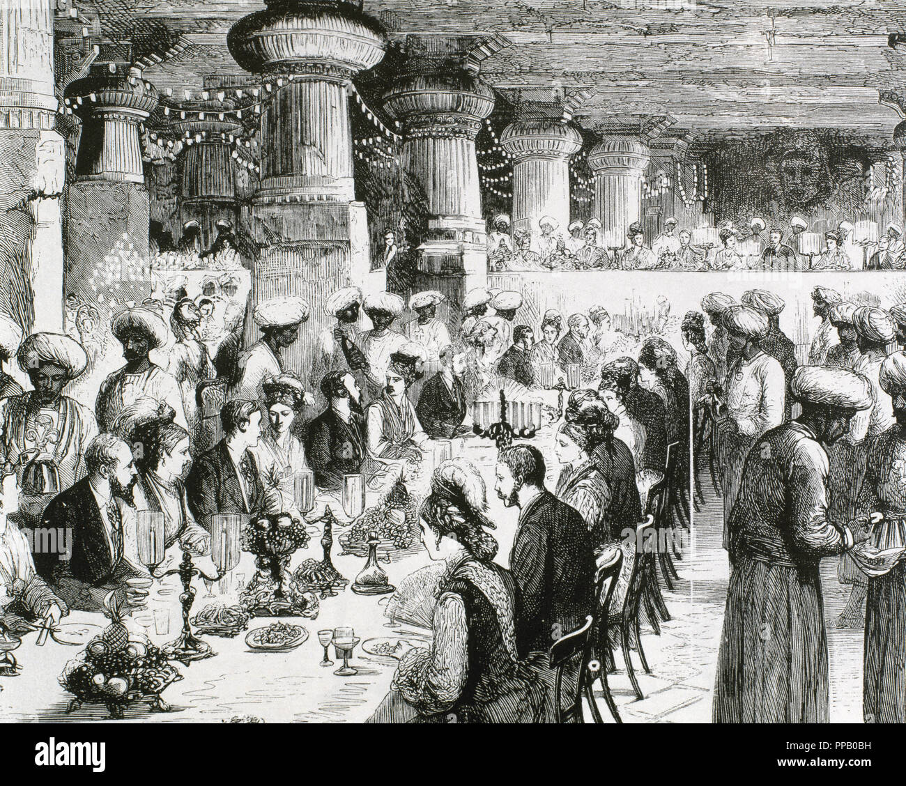 Reisen nach Indien des Prinzen von Wales. Gala Dinner in der unterirdischen Tempel von Elephanta anlässlich des Besuchs des Prinzen. Das 19. Jahrhundert aufgezeichnet. Stockfoto