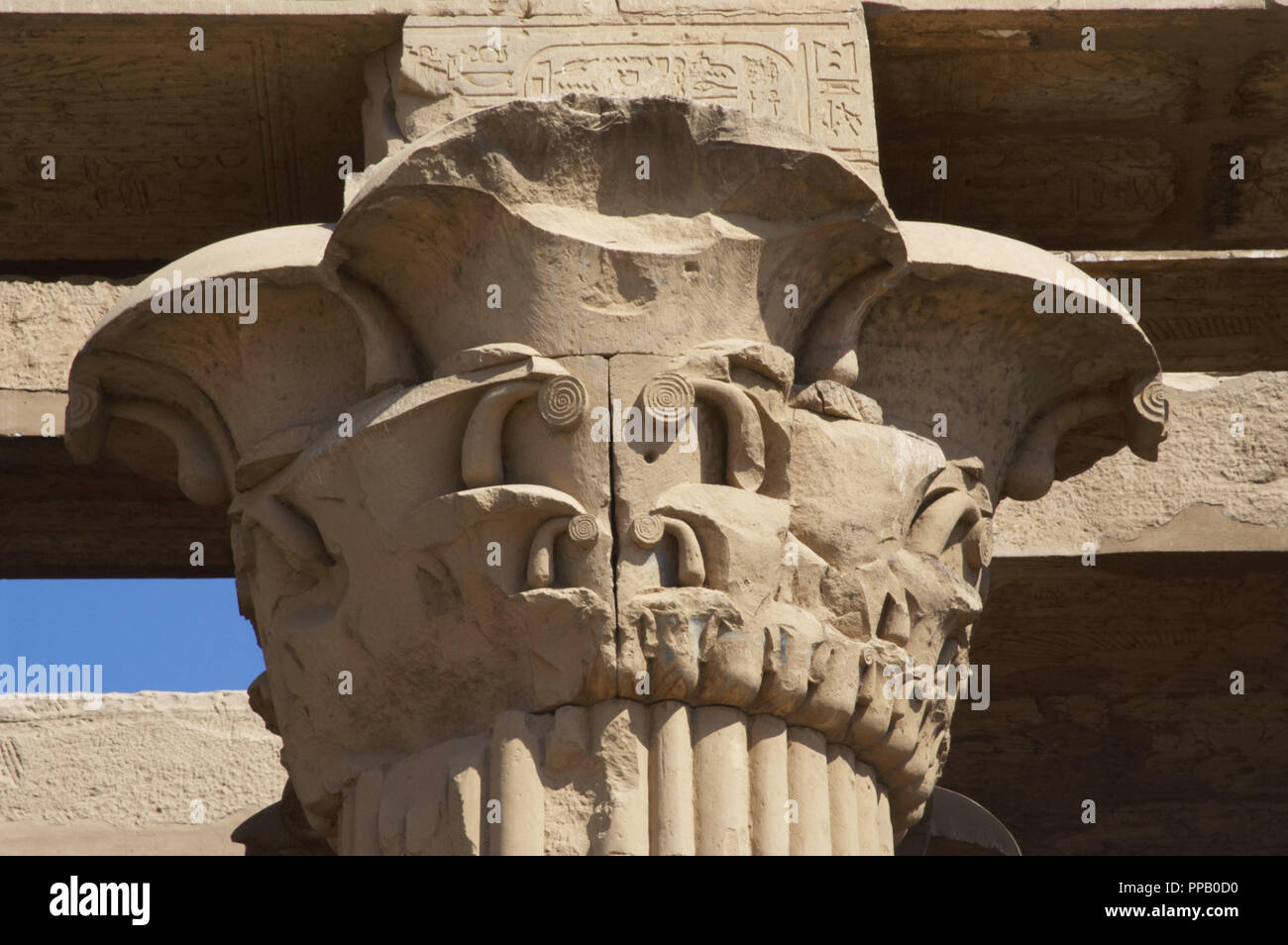 Ägyptische Kunst Tempel von Kom Ombo. Ptolemäischen Dynastie. 2. Jahrhundert v. Chr. eingeweiht der Krokodilgott Sobek und Falcon Gott Haroeris. Papyrus Spalte. Hauptstadt. Stockfoto
