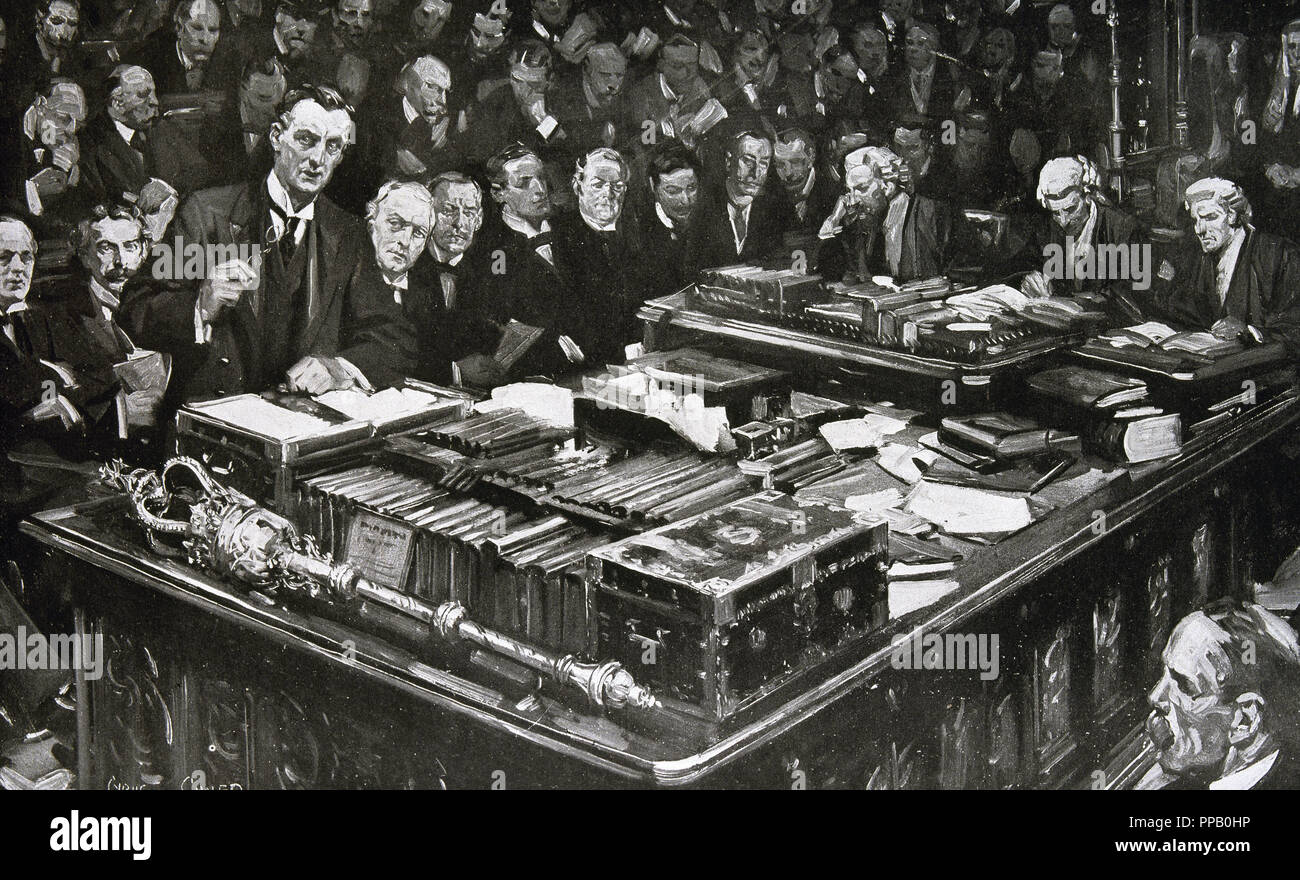 Geschichte Englands. XX. Jahrhundert. Rede von Sir Edward Grey, Minister für Auswärtige Angelegenheiten im Unterhaus. Gravur. 1911. Stockfoto