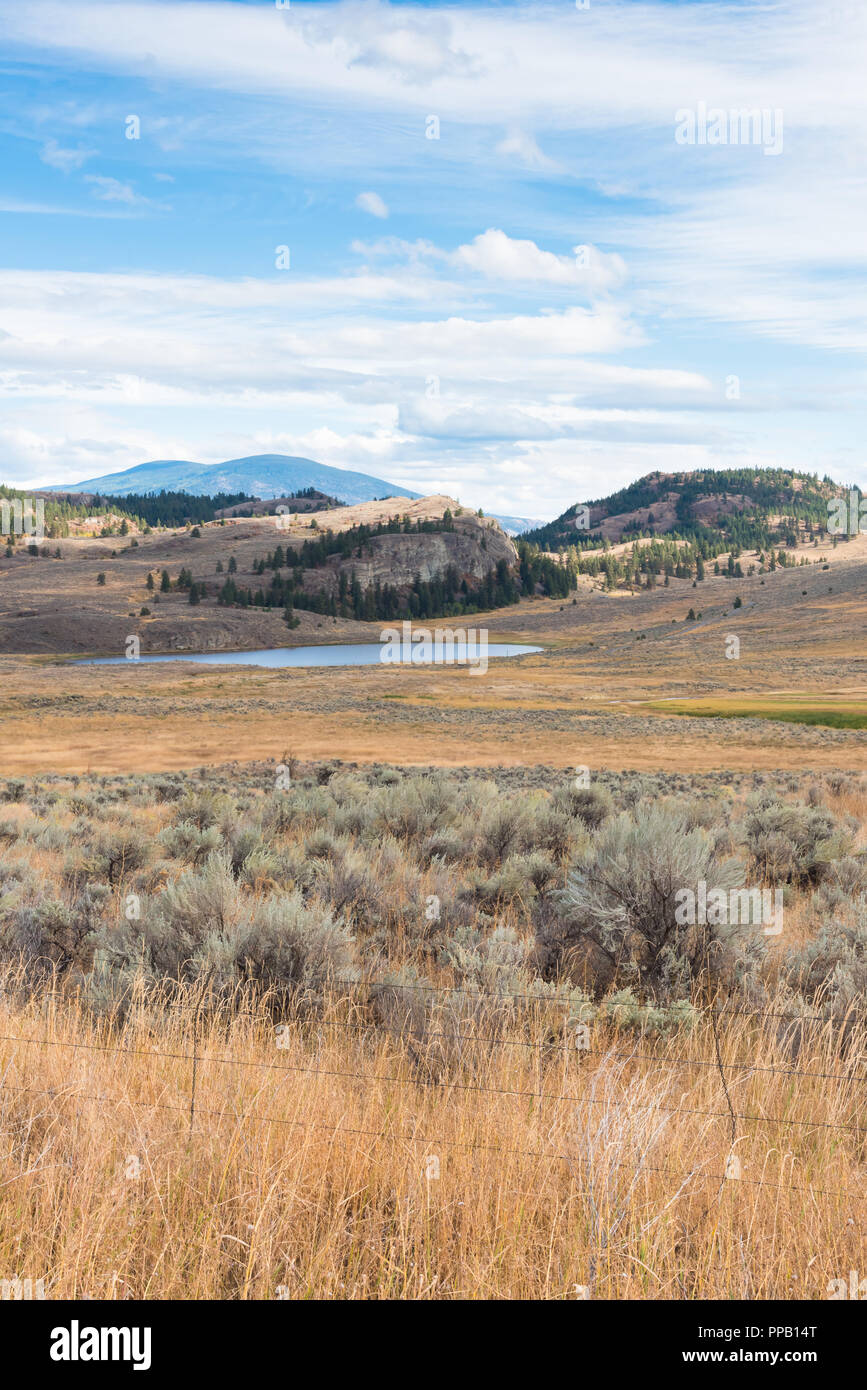 Blick auf die Weißen See und die umliegenden Wiesen und Berge im Herbst im Süden Okanagan Stockfoto
