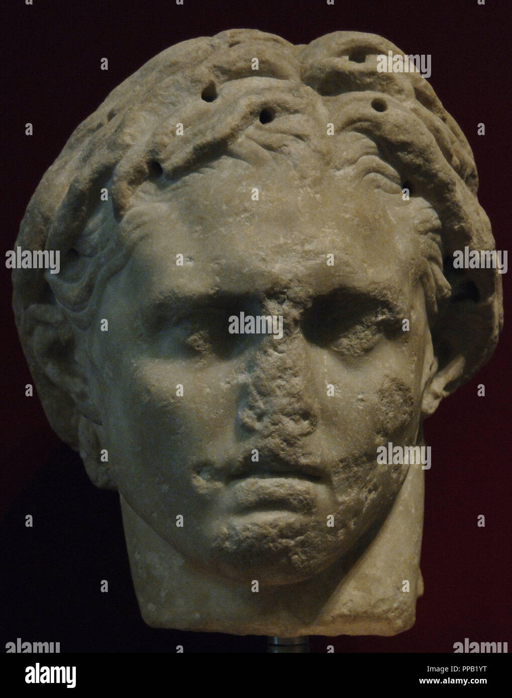 Alexander III. der Große (-356-323). Der König von Mazedonien (-336 bis -323). Der Sohn Philipp II. und Prinzessin epirota Olympia. Büste von Tivoli entfernt. Griechischer Marmor von Paros. Im 1. Jahrhundert v. Chr. Palazzo Massimo datiert. Die nationalen Römischen Museum. Rom. Italien. Stockfoto