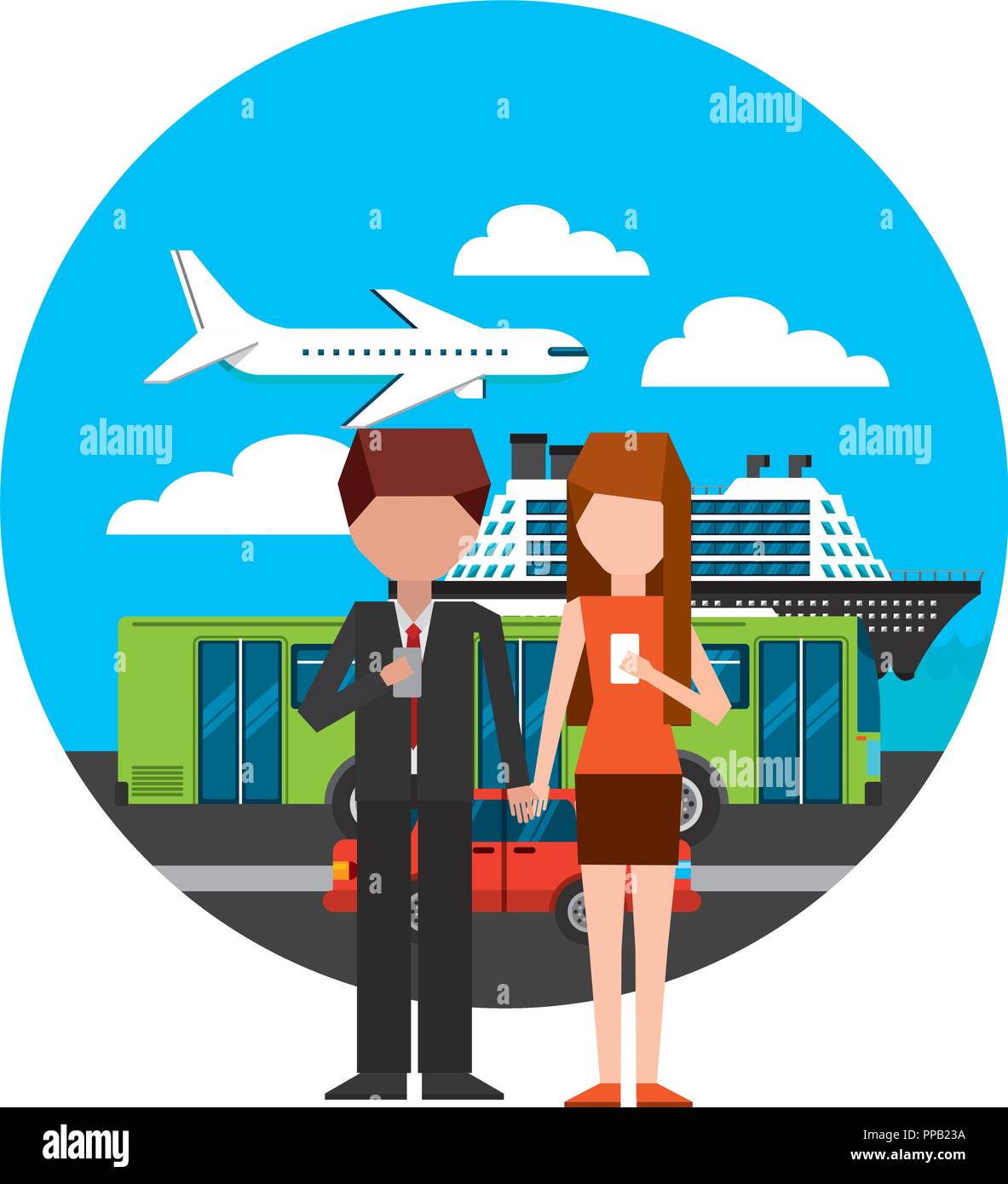 Gps-navigation Transport Aufkleber City Cruise Bus und Flugzeug paar Standorte Vector Illustration Stock Vektor