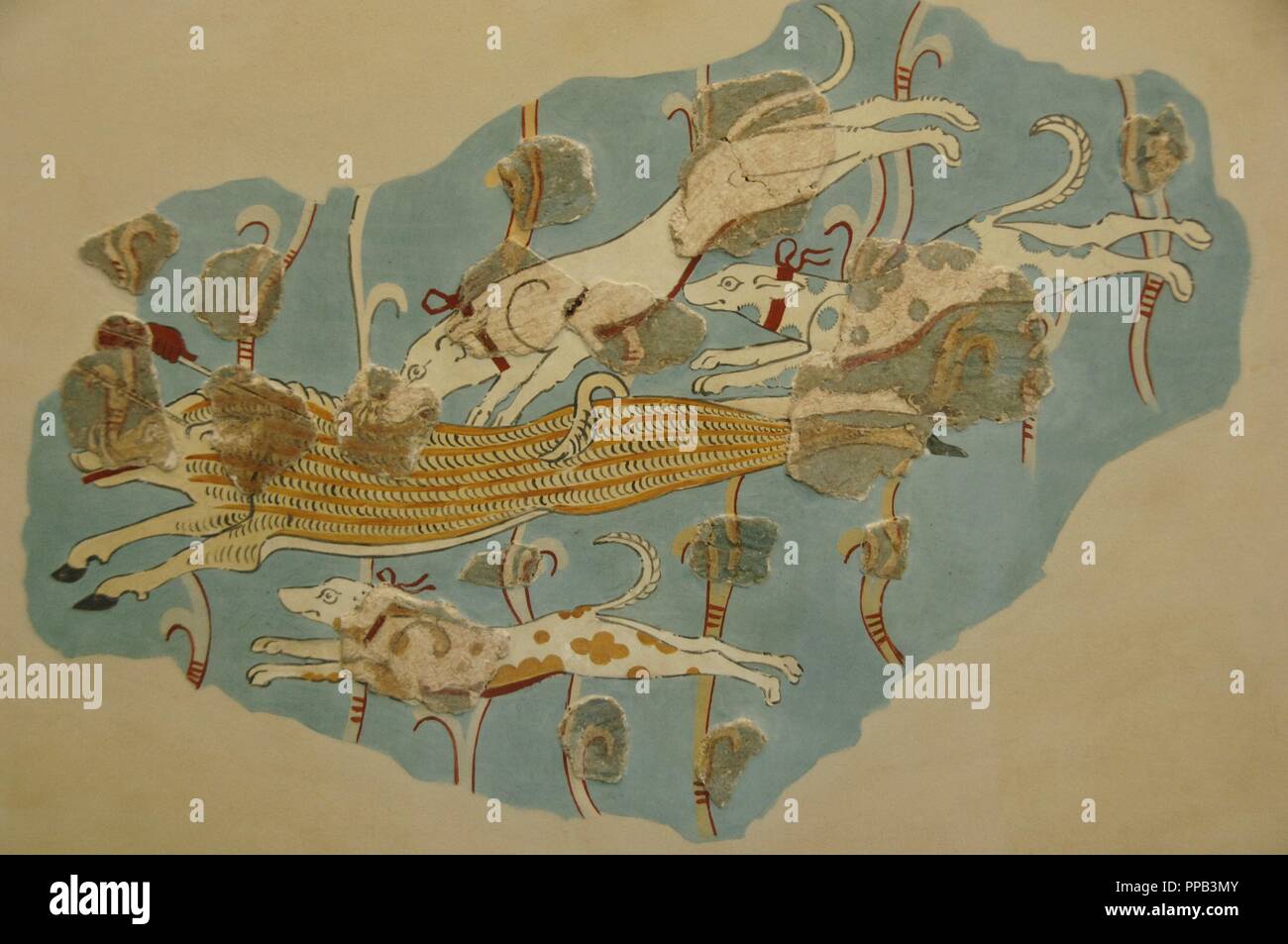 Wildschwein Jagd. Fresko zwischen 14. und 13. Jahrhundert v. Chr. datiert. Zweite Palast von Tiryns Nationalen Archäologischen Museum. Athen. Griechenland. Stockfoto