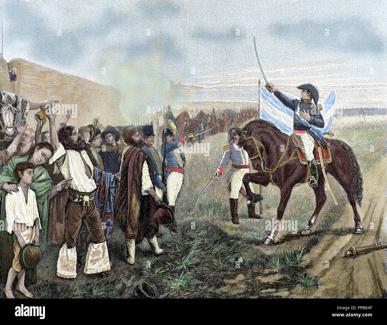 Unabhängigkeit von Argentinien. Belgrano, Manuel (1770-1820). Argentinische Militärs. Die erste Flagge von Argentinien in die Revolutionäre Armee von General Belgrano am 27. Februar 1812. Farbige Gravur. Stockfoto