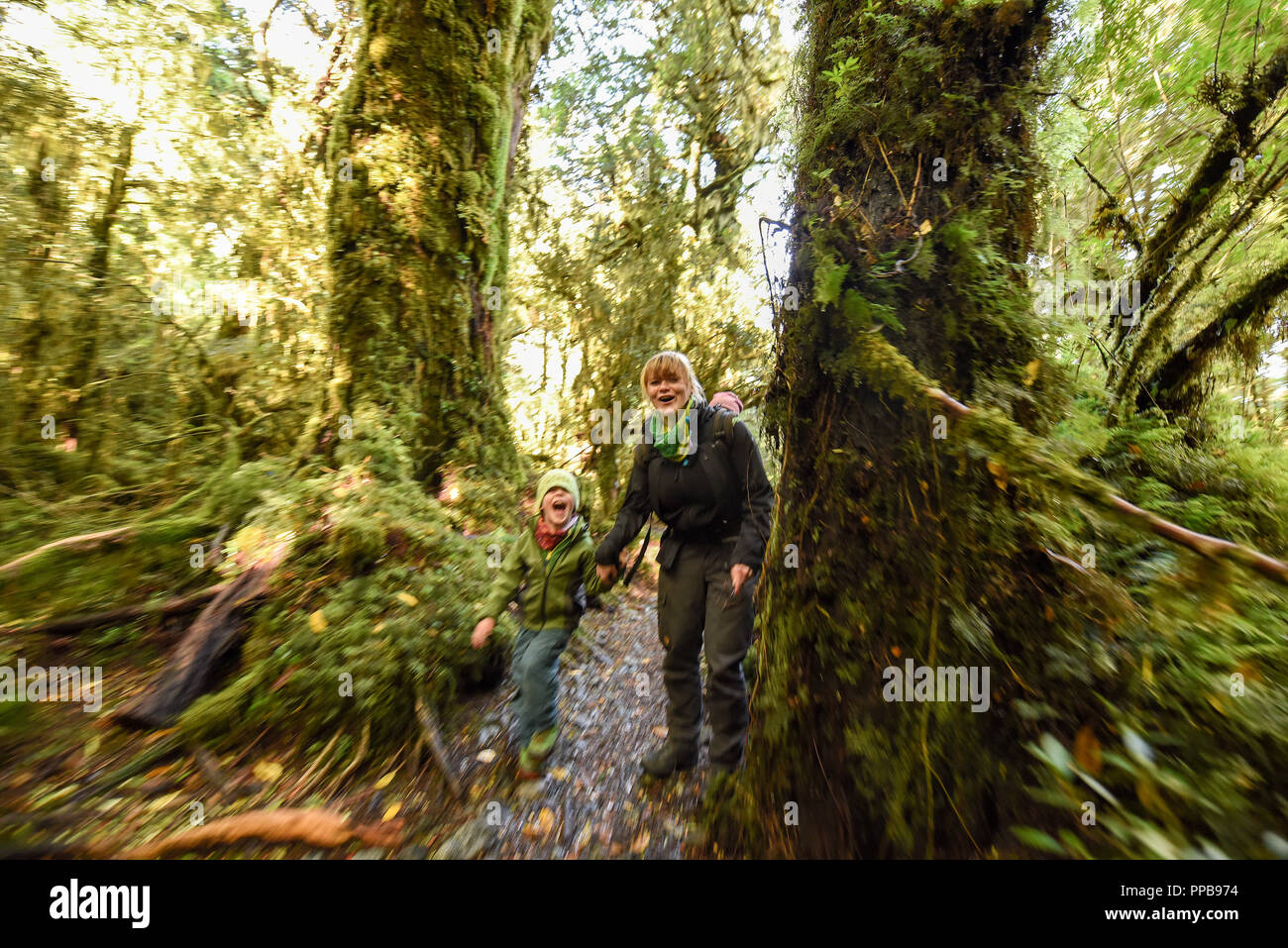 Mutter mit Kind wandern in El Bosque Encantado, gemäßigten Regenwald mit Moos und Flechten, Carretera Austral Stockfoto
