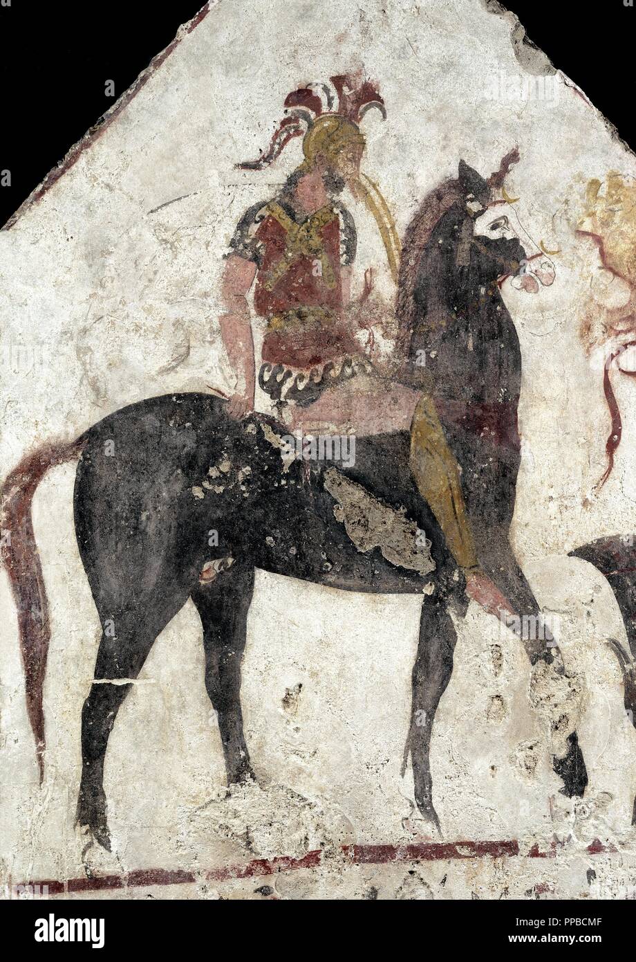 Magna Graecia. Lukanischen Grab. Griechischen Stil Fresko mit italienischen Einflüssen, die Darstellung eines Kriegers auf dem Pferderücken, möglicherweise Samnita montiert. 4. Jh.V.Chr. Archäologisches Museum von Paestum. Italien. Stockfoto