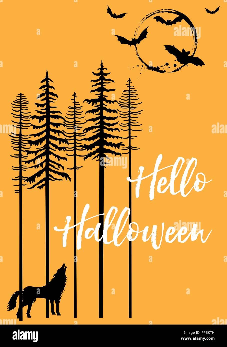 Halloween Hintergrund mit Bäumen, Howling Wolf, Mond und fliegende Fledermäuse, Vektor, Abbildung Stock Vektor