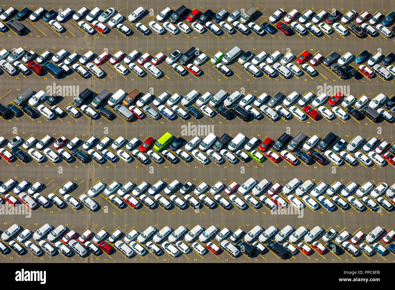 Luftaufnahme, Parkplatz mit Pkw, der Duisburger Hafen, logistikstandort Logport 1, Contailerhafen, Rheinhausen Stockfoto