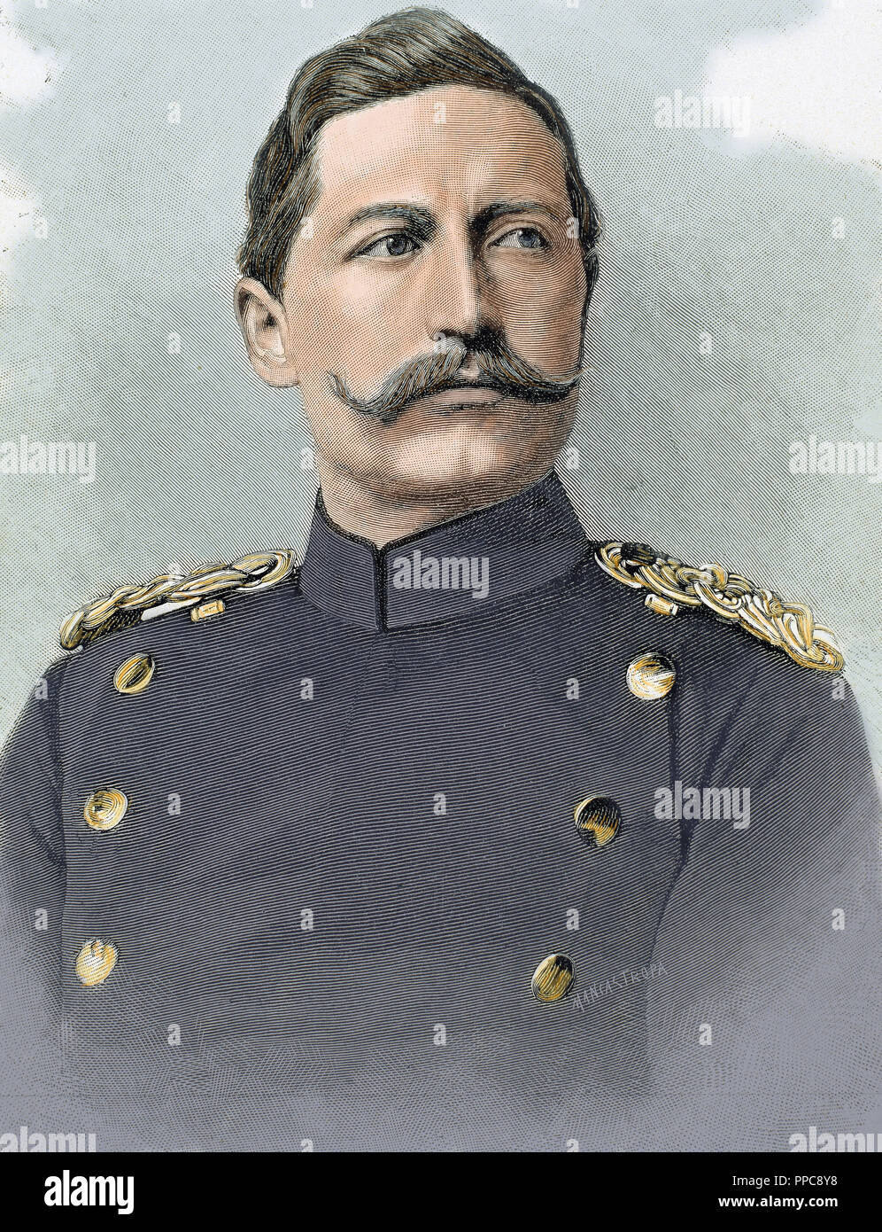 Wilhelm II. von Deutschland (Potsdam, 1859 - Doorn, 1941). König von Preußen und Deutscher Kaiser (1888-1918), Sohn und Nachfolger von Friedrich III. Farbige Gravur. Stockfoto