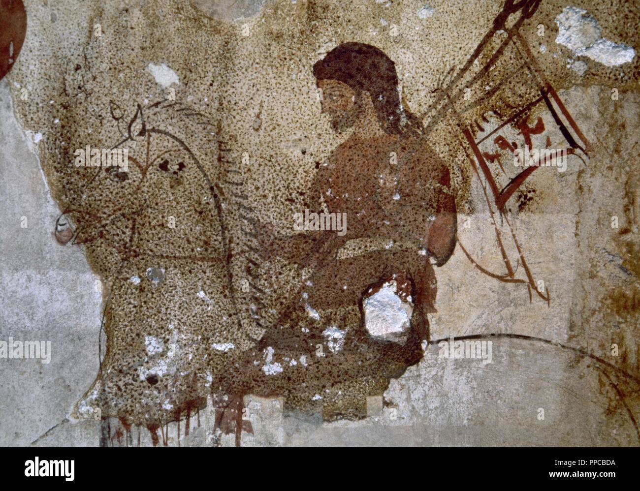 Magna Graecia. Lukanischen Grab. Griechischen Stil malen mit kursiv Einfluss Darstellung die Rückkehr des Kriegers. 4. Jh.V.Chr. Archäologisches Museum von Paestum. Italien. Stockfoto