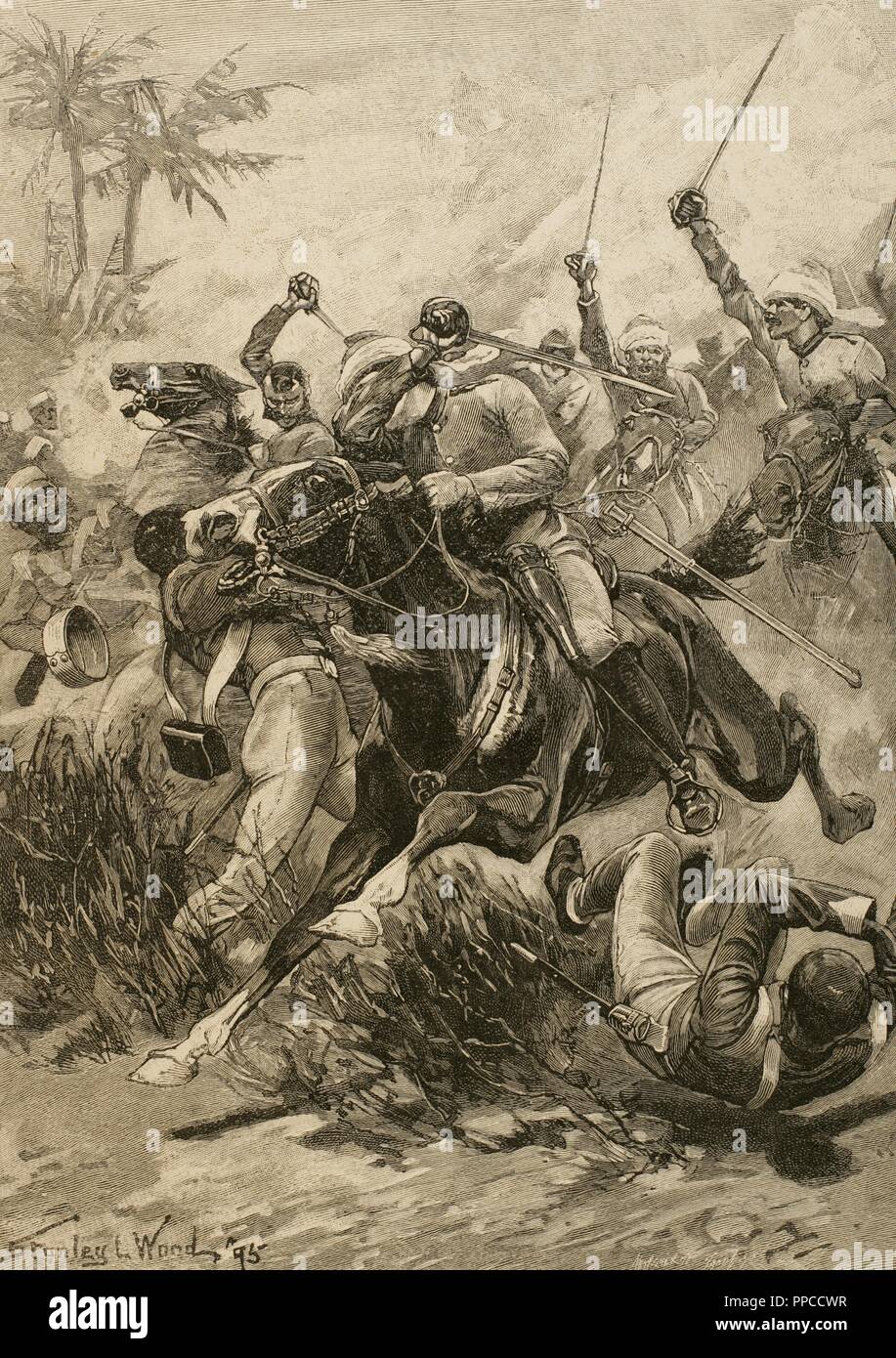 Indien. Sepoy Rebellion (1857). Indien Revolution, als eine Reaktion gegen die britische Kolonialpolitik ausbrach. 1857 die sepoys revoltierten und keinerlei Autorität an die East India Company (1858). Aufladen der Britischen Kavallerie in Lucknow, 1857. Zeichnung von Stanley L. Holz. Ilustracio n Ibe rica, 1898. Stockfoto