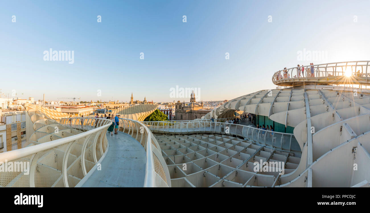Blick über Sevilla, La Giralda und die Iglesia del Salvador, Moderne Architektur, Metropol Parasol, geschwungenen hölzernen Struktur Stockfoto