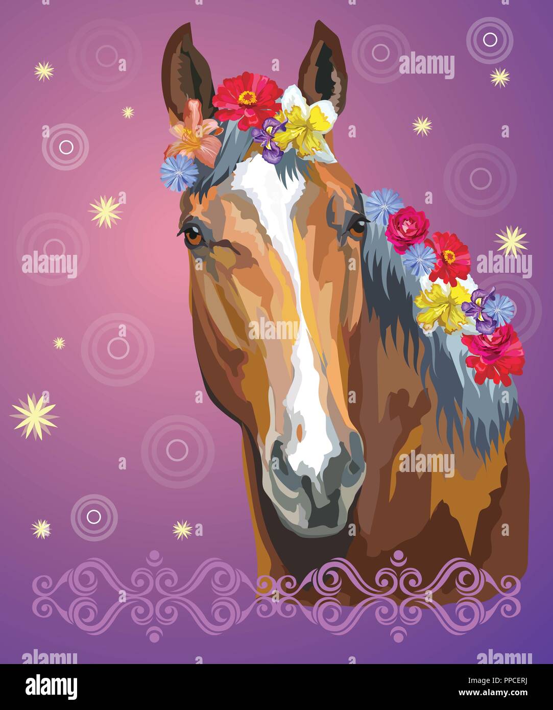 Vektor bunten Illustrationen. Portrait von Bay Horse mit verschiedenen Blumen, die in die mähne auf lila Hintergrund Farbverlauf mit dekorativem Ornament isoliert und Stock Vektor