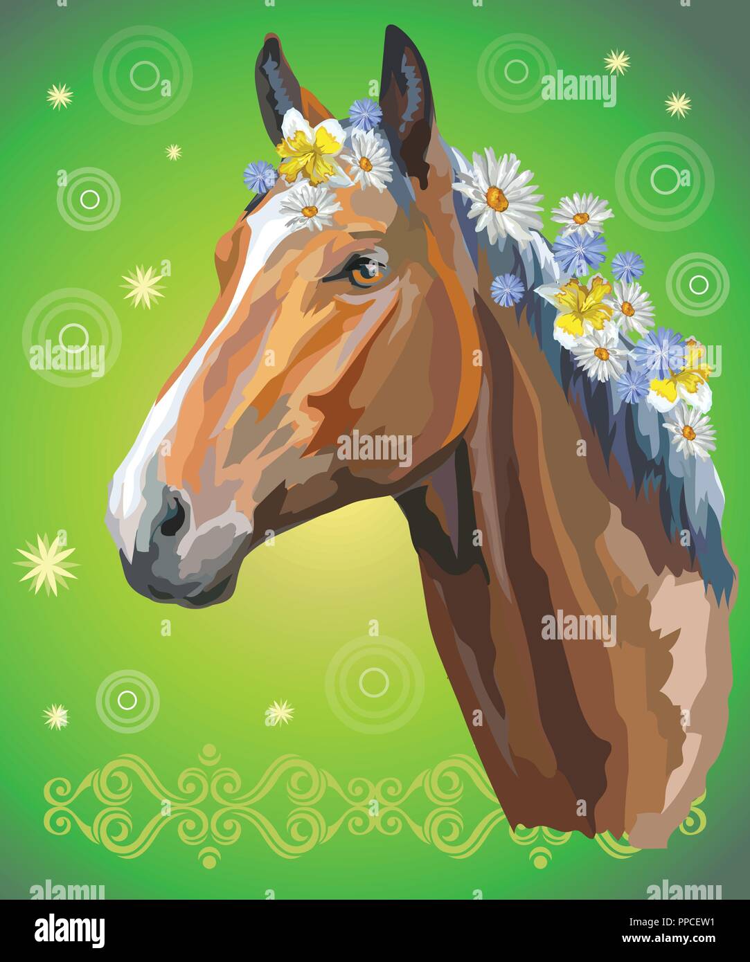 Vektor bunten Illustrationen. Portrait von Bay Horse mit verschiedenen Blumen, die in die mähne auf grünem Hintergrund Farbverlauf mit dekorativem Ornament isoliert und Stock Vektor
