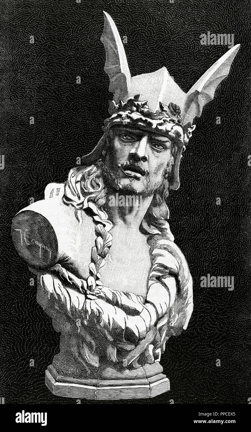 Vercingetorix (ca. 82 v. Chr. - 46 v. Chr.). König und Häuptling des Stammes Arverner. Er vereint die Gallier in einen Aufstand gegen die römischen Kräfte während der letzten Phase des Julius Cäsars Gallischen Krieg. Porträt. Gravur. "La Ilustracion", 1883. Stockfoto