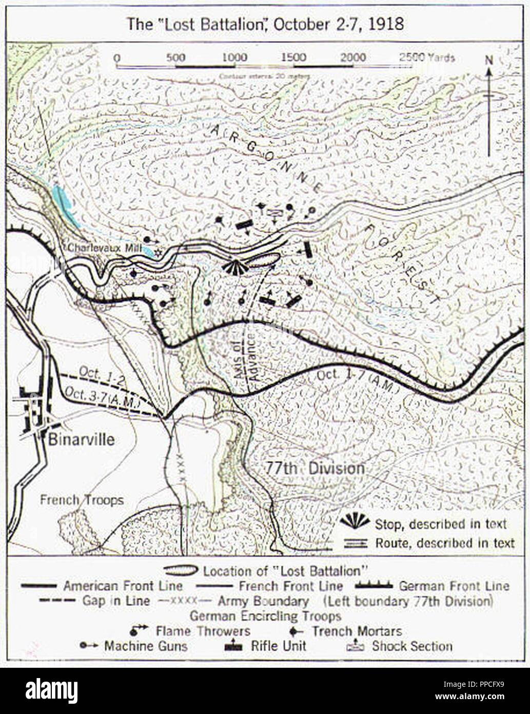 Eine mpa zeigt die Position der 1. und 2. Bataillon Bataillon der 308th Infanterie Regiment und anderen Einheiten in einer Tasche hinter den Deutschen Linien im Oktober 1918, als bekannt wurde das Bataillon verloren eingeschlossen) Stockfoto