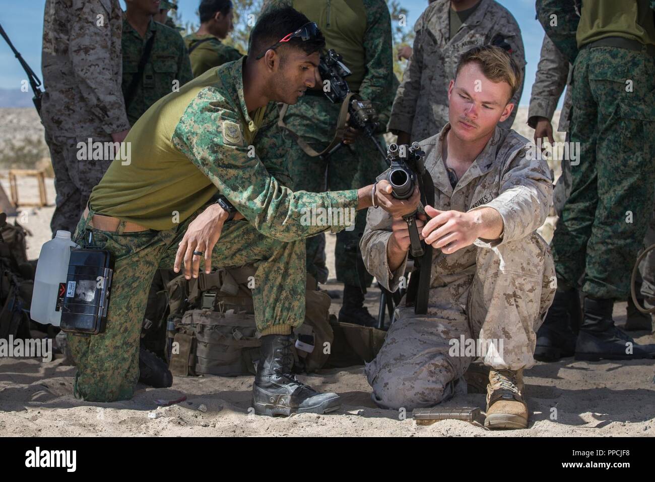 Ein Soldat aus der Singapur Streitkräfte zeigt US Marine Corps LCpl. Dom Depuglia ein Singapur Sturmgewehr 21. Jahrhundert während der Übung Valiant Mark 2018 Marine Corps Air-Ground Combat Center Twentynine Palms, Calif August 30, 2018. Valiant Mark ist eine jährliche Übung mit US-Marines und der Singapur Streitkräfte erhöht die Interoperabilität zu erleichtern und die militärische Stärkung der militärischen Beziehungen durch kombinierte Waffen integration Training durchgeführt. Stockfoto