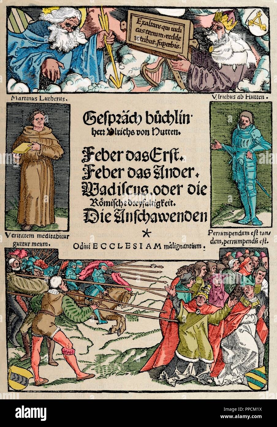 Ulrich von Hutten (1488-1523). Deutsche Schriftsteller und Theologe. Broschüre der Gespräche. Abdeckung. Faksimile. Gravur in der Geschichte der Bundesrepublik Deutschland, 1882. Gefärbt. Stockfoto
