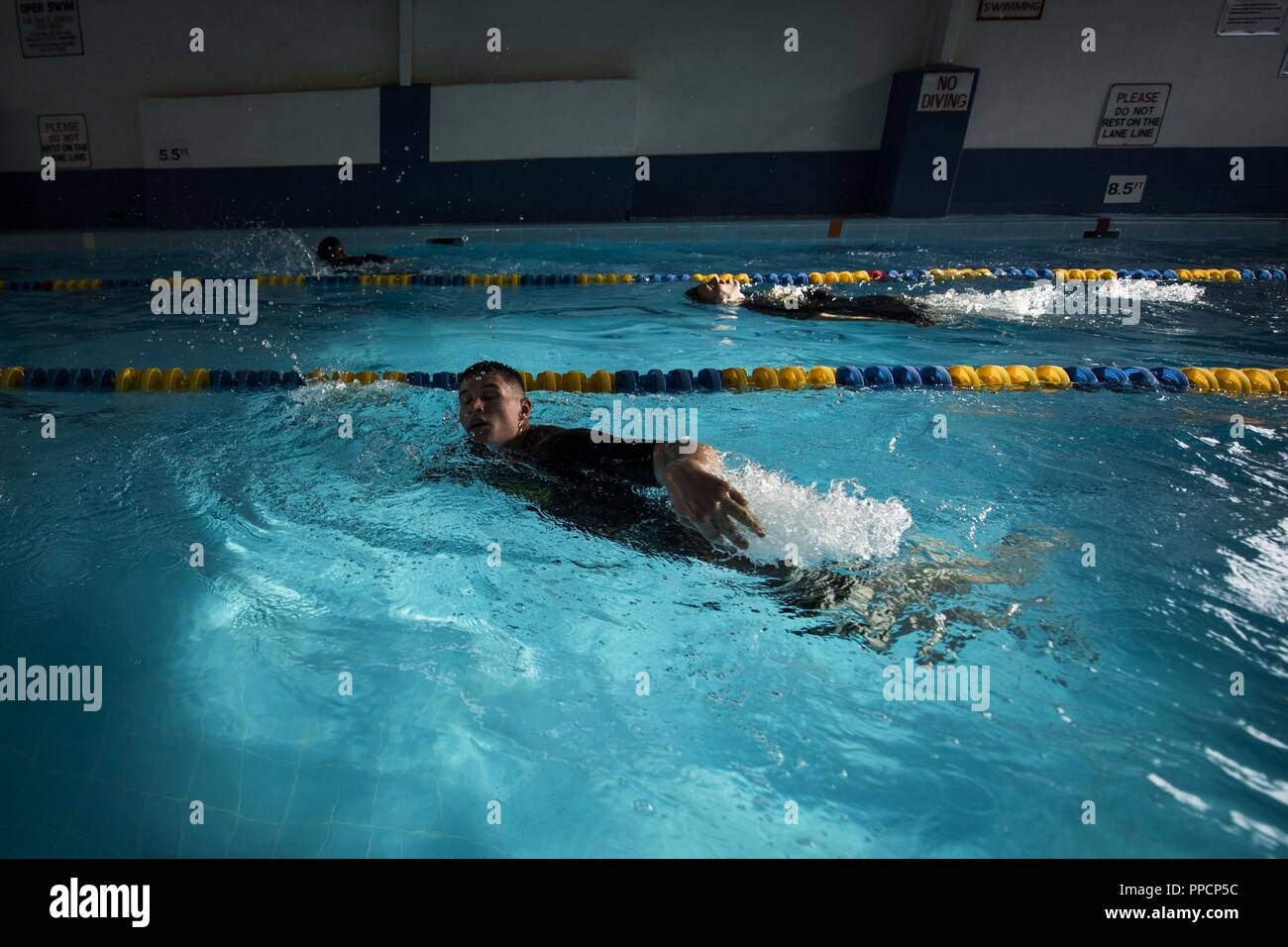 Us-Soldaten, die auf das 10. Berg Geschäftsbereich zugeordnet sind, konkurrieren in der Schwimmen Teil der Bundeswehr Abzeichen Kenntnisse Prüfung am Lager Lemonnier, Dschibuti, Nov. 14, 2018. Die GAFPB besteht aus nukleare, biologische und chemische Kriegsführung Bewertung, basic Fitness Tests, Treffsicherheit, Fuß März und einen 200 Meter langen schwimmen. Stockfoto