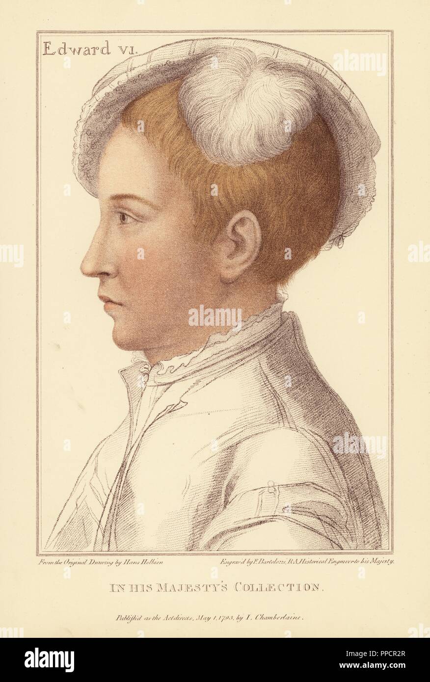 König Edward VI. von England, 1537-1553. Sohn von Heinrich VIII. und Jane Seymour. Papierkörbe Kupferstich von Francis Bartolozzi nach Hans Holbein aus Faksimiles von Originalzeichnungen von Hans Holbein, Hamilton, Adams, London, 1884. Stockfoto