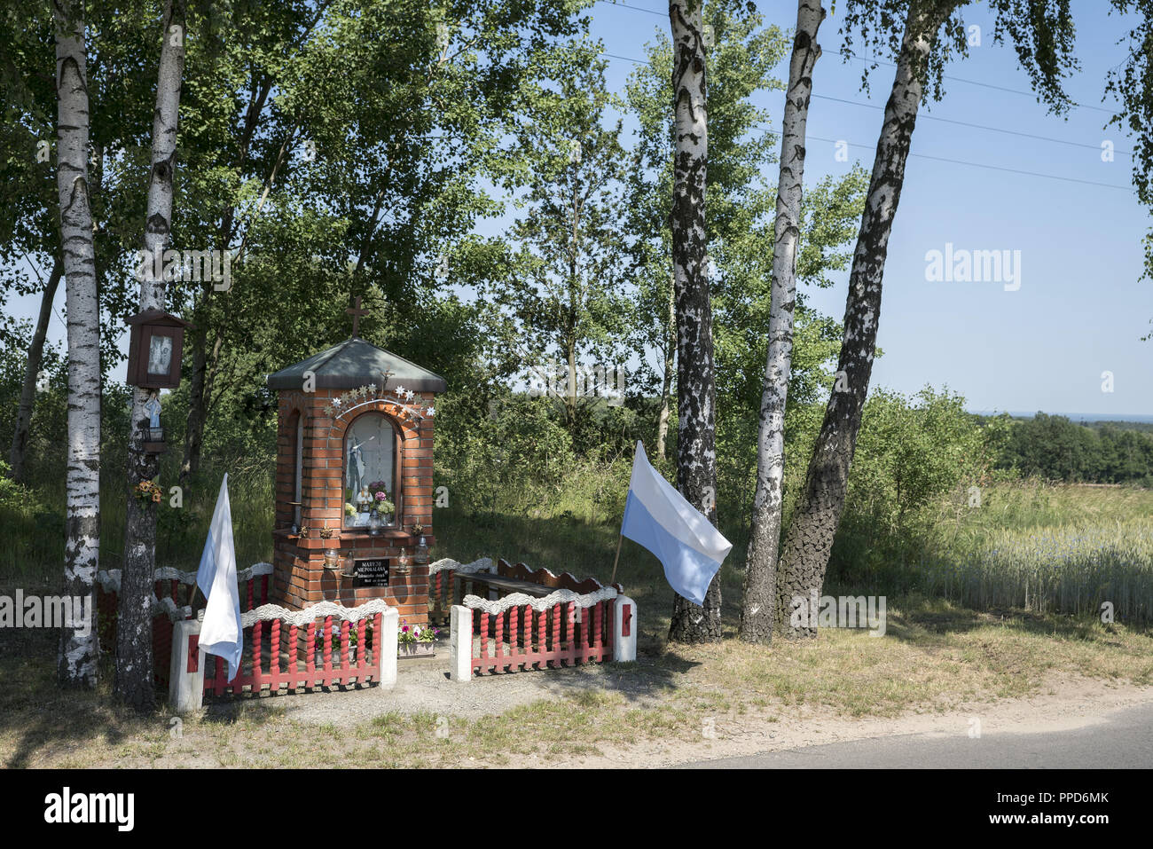 Eine kleine Kapelle unter Birken gebaut von Backstein und eingezäunt mit einem konkreten Zaun mit einer Abbildung der Jungfrau Maria, die Unbefleckte, Ostrzeszów, Polen Stockfoto
