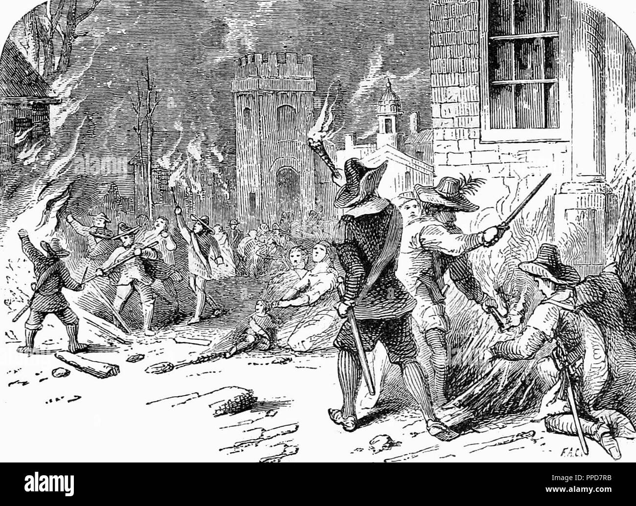 "Die Verbrennung von Jamestown', der die Verbrennung von Jamestown während der Speck Rebellion (1676). Stockfoto