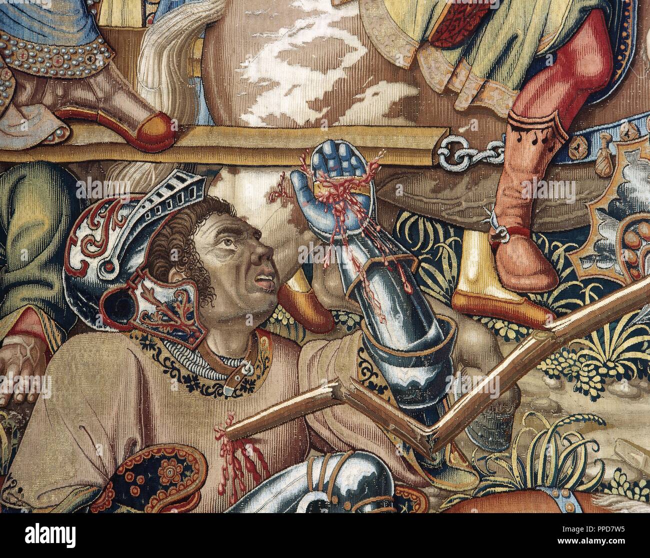 Wandteppich "Die Niedertracht, Teil der Ehren-Serie. Arbeit der flämischen Pieter van Aelst, aus dem 16. Jahrhundert. Detail von Römischen Kaiser Julian der Abtrünnige (330-363) vom Pferd fallen, die durch den Tod besiegt, dass ein Speer in seinem Herzen haften. Museum der Wandteppiche. Royal Palace von La Granja de San Ildefonso. Provinz Segovia. Kastilien und Leon. Spanien. Nationales Erbe. Stockfoto