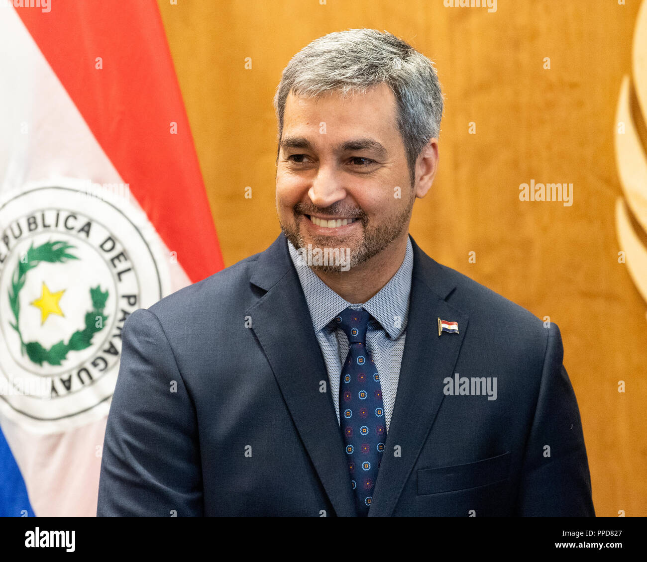Mario Abdo Benítez, Präsident der Republik Paraguay, bei den Vereinten Nationen in New York City. Der 73. Generalversammlung der Vereinten Nationen wird in New York vom 18. September - 5. Oktober 2018. Stockfoto