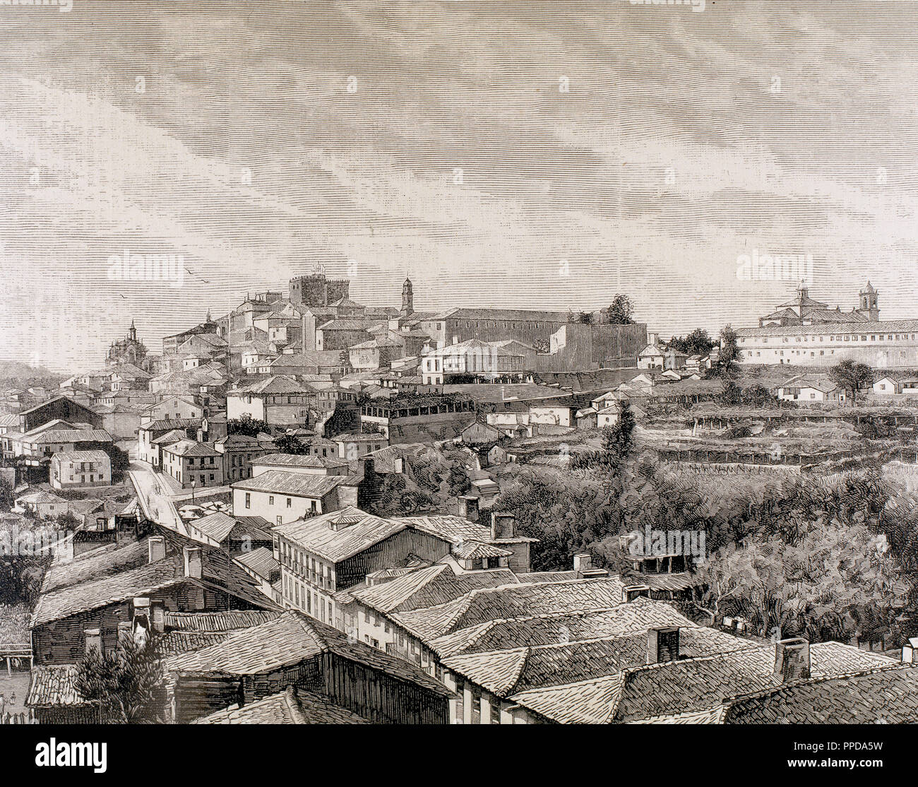 TUY. Blick auf die Stadt. Pontevedra Provinz. Gravur des neunzehnten Jahrhunderts. Galizien. Spanien. Stockfoto