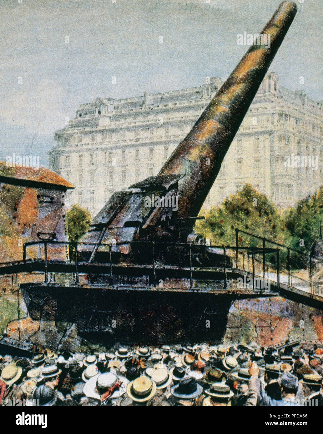 Weltkrieg (1914-1918). BIG BERTHA M 42. Deutsche Waffe benutzt Paris aus über 100 Km im Jahr 1918 zu bombardieren. Die Spurweite wurde 210 mm. und war 34 m lang. Es wurde von Krupp, dessen Tochter benannt wurde das Stück und durch die Techniker RAUSENBERGER entworfen, hergestellt. La Domenica del Corriere, 1918. Stockfoto