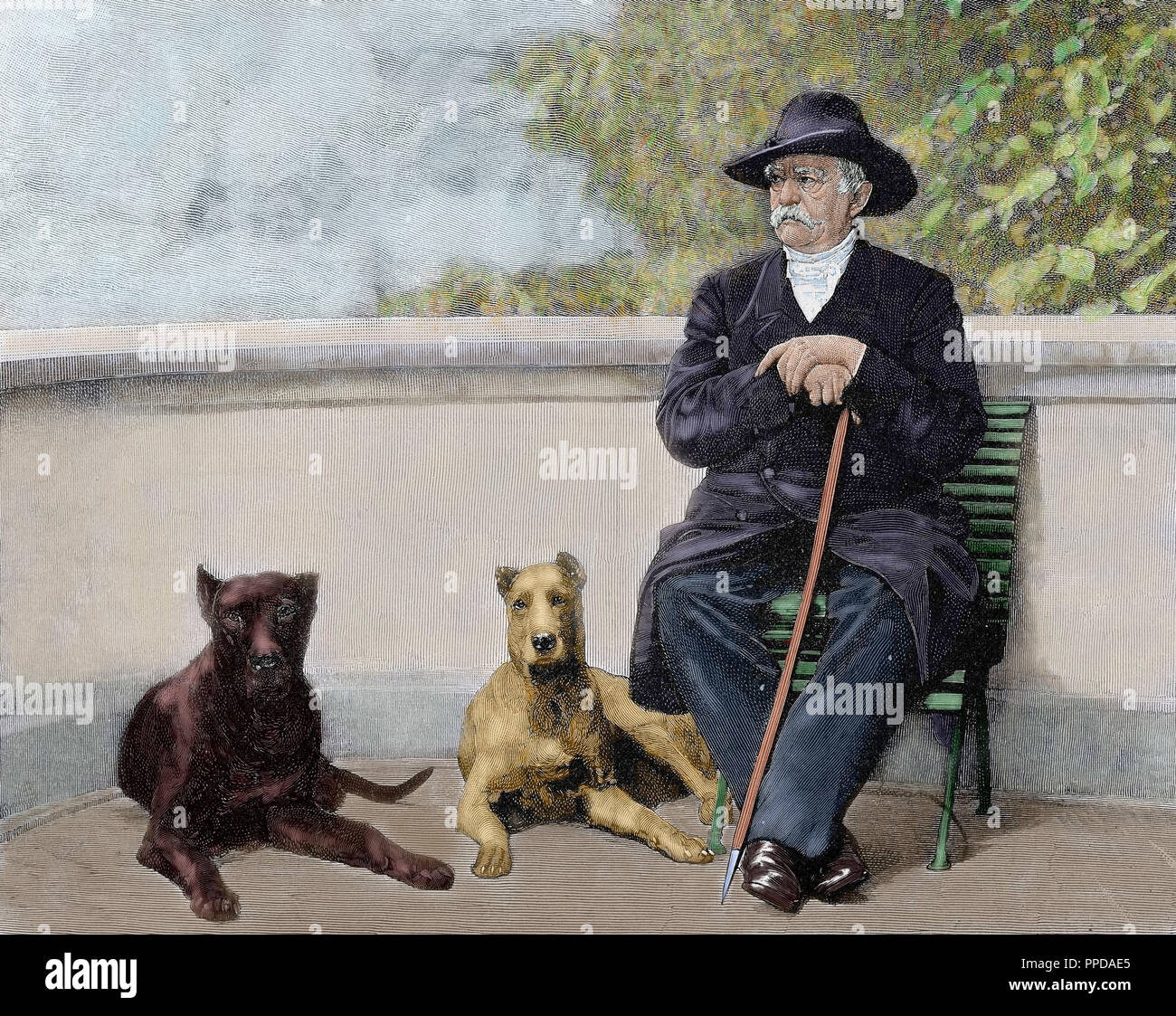 BISMARCK, Otto-Leopold, Prinz von (1815-1898). Deutscher Staatsmann. Bismarck in Friedrichruhe. Gravur. Farbige. Stockfoto