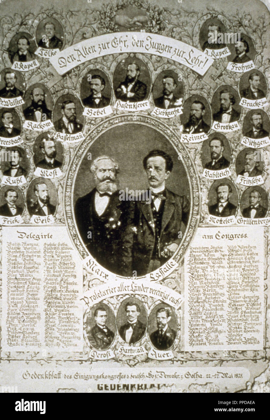 Deutschland. Kongress von Gotha, 1875, wo die deutsche Sozialdemokratische Partei (SPD) gegründet wurde. Reminder Sheet mit Portrait von Marx und Lassalle im Zentrum. Stockfoto